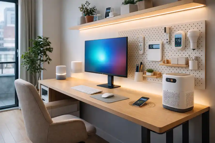 A detailed shot of a minimalist home office featuring smart home devices for small spaces, including a wooden pegboard organizer and warm ambient LED strip lighting for a compact apartment.