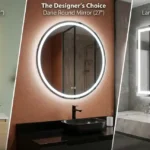 JONATHAN Y Pax rectangular mirror, the JONATHAN Y Dane round mirror, and the ENCASED large dual-lit mirror, showcasing different modern bathroom interior designs.