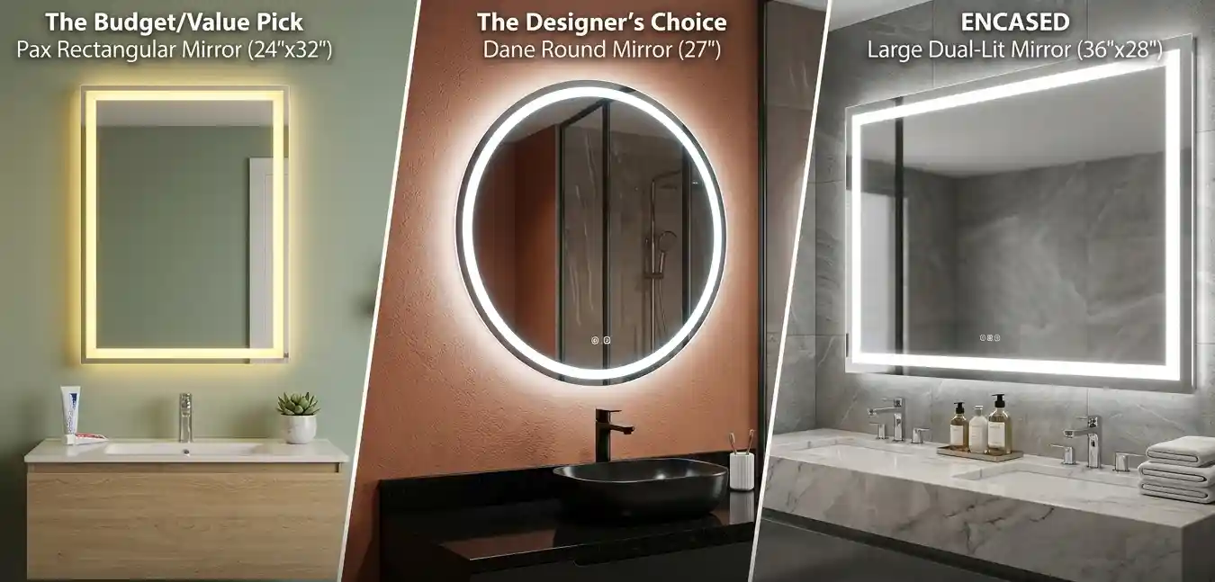 JONATHAN Y Pax rectangular mirror, the JONATHAN Y Dane round mirror, and the ENCASED large dual-lit mirror, showcasing different modern bathroom interior designs.