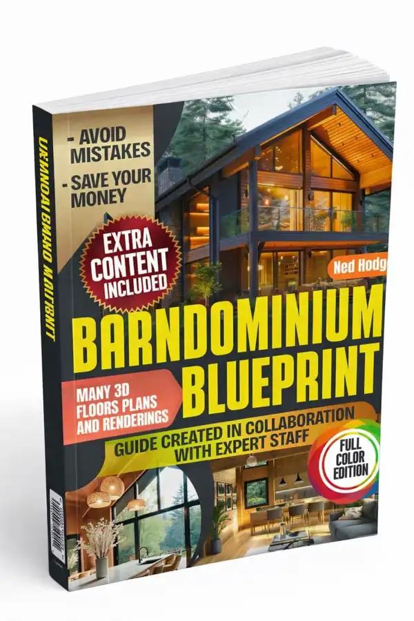 Building a barndominium book review - Barndominium Blueprint by Ned Hodges cover showing modern 3D floor plans and full-color renderings.
