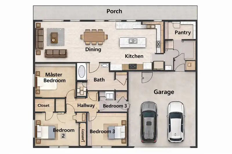 3-bedroom contemporary barndominium floor plan with garage from the Building a Barndominium book review.