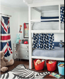 Simple white bunk bed solutions featuring blue polka-dotted curtains and IKEA-style wire hanging system.