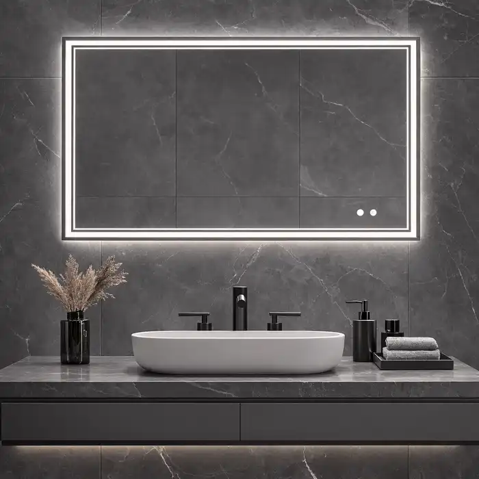 A large rectangular ENCASED smart mirror with dual front-lit and backlit LED technology, displayed on a dark grey marble wall in a luxury bathroom setting.