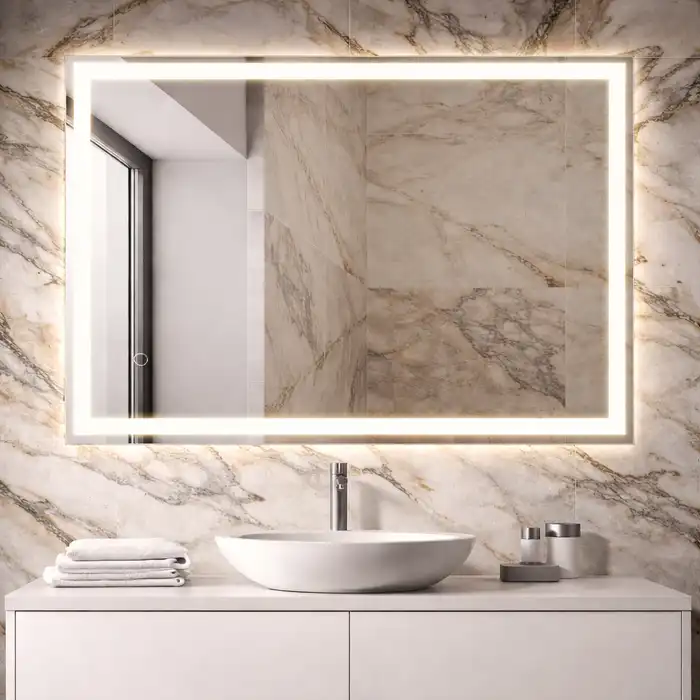 A large rectangular ENCASED smart LED bathroom mirror with dual-lit technology, featuring both backlit and front-lit illumination on a luxury marble wall above a white vanity and vessel sink.