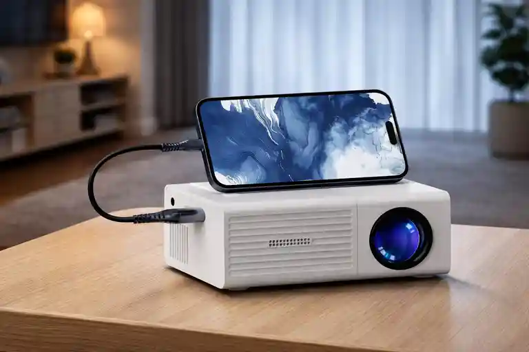 A white mini home cinema projector on a wooden table, connected by a cable to a smartphone, showing a sports stadium graphic on the phone screen to illustrate how to enjoy-world-cup-2026 matches.