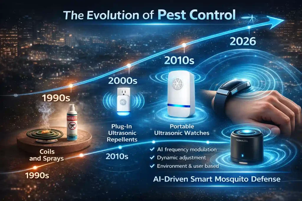An infographic timeline titled 'The Evolution of Pest Control,' showing the journey from 1990s mosquito coils to 2026 AI-driven frequency modulation in smart mosquito defense systems.