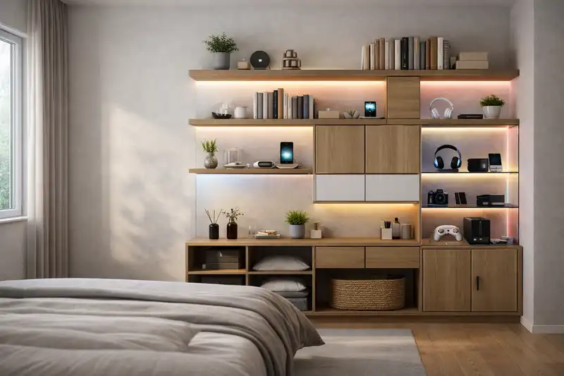 Fully realized AI Bedroom Vertical Storage Plan in a modern minimalist room with smart lighting and tech-integrated shelving.