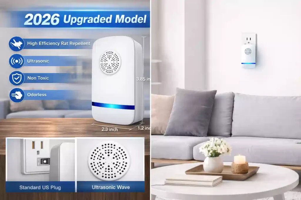 A modern minimalist living room featuring a FTOTL plug-in ultrasonic mosquito repeller, discreetly placed for scent-free and chemical-free indoor smart mosquito defense.