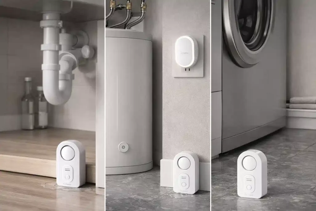 Govee WiFi Smart Water Leak Detector 3-pack bundle including 3 sensors, 1 gateway, and the Govee Home app interface.
