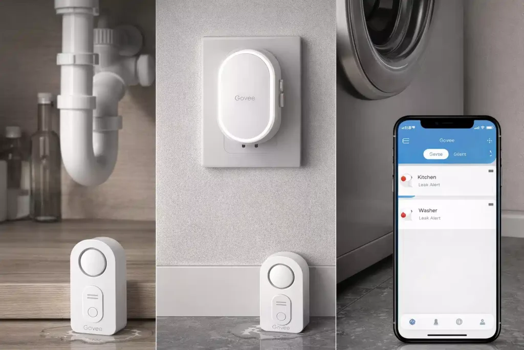 A collage showing Govee smart water leak detector placement under a sink, near a washing machine, and plugged into a wall outlet with the mobile app interface.