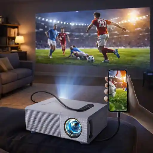 High-definition projector displaying football content to enjoy World Cup 2026 on a 150-inch screen.