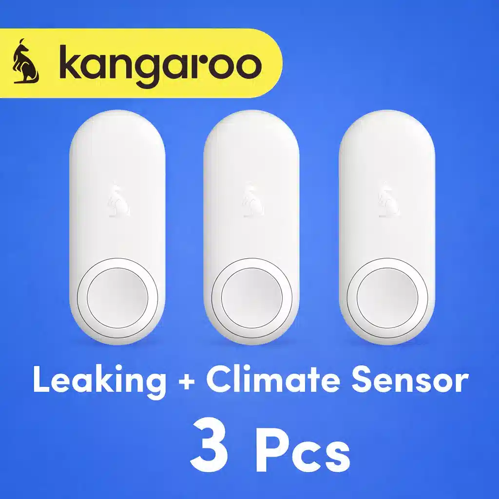 Kangaroo smart water leak and climate sensor 3-piece set from Temu featuring temperature and humidity monitoring.