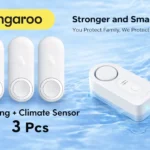 Side-by-side comparison of Kangaroo smart water sensor from Temu and Govee water leak detector from Amazon for home protection.