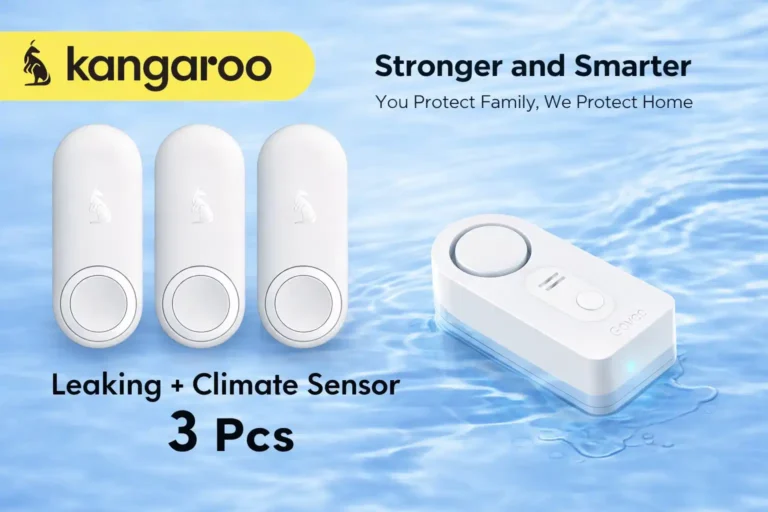 Side-by-side comparison of Kangaroo smart water sensor from Temu and Govee water leak detector from Amazon for home protection.