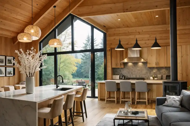 Contemporary barndominium interior featuring high vaulted ceilings, open kitchen island, and large glass windows overlooking nature.