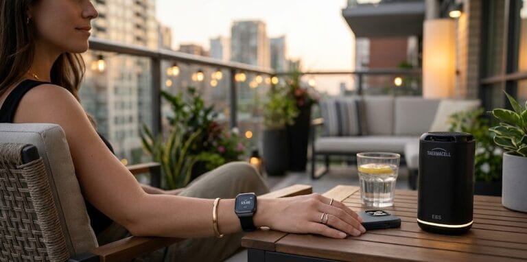 A realistic close-up of a Thermacell E-Series and an Ultrasonic Mosquito Repellent Watch on a modern balcony.