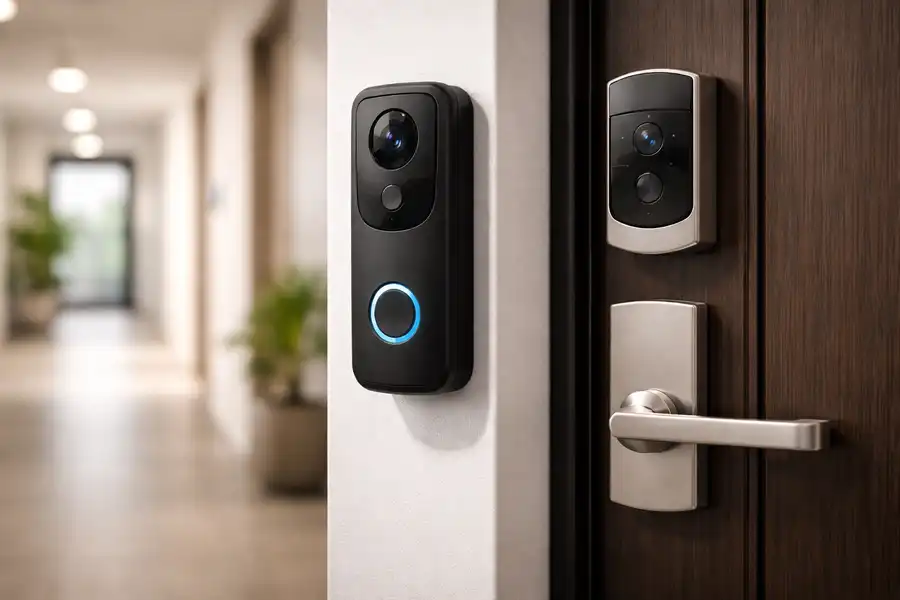 A close-up of a matte black smart video doorbell, one of the essential smart home devices for small spaces, mounted on a door frame with adhesive for a drill-free and renter-friendly setup.