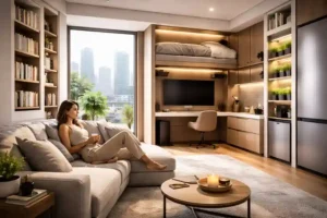 A woman relaxing in a modern apartment designed for the Small Space Lifestyle 2026, featuring a loft bed, integrated home office, and vertical shelving.