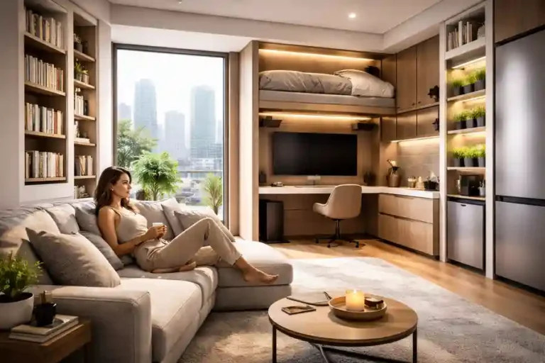 A woman relaxing in a modern apartment designed for the Small Space Lifestyle 2026, featuring a loft bed, integrated home office, and vertical shelving.