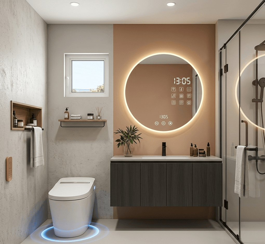 Compact tankless smart toilet with integrated bidet and blue nightlight, perfect for futuristic bathroom ideas for small spaces.