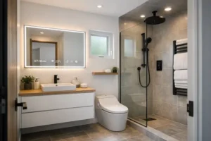 A bright, modern small bathroom featuring a smart backlit mirror with a digital display, a tankless smart toilet, and a glass-enclosed shower in a minimalist studio apartment.