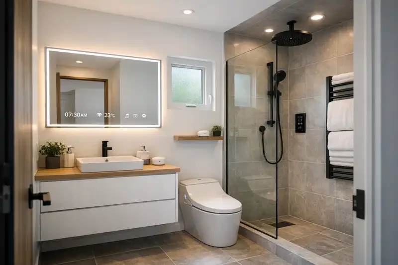 A bright, modern small bathroom featuring a smart backlit mirror with a digital display, a tankless smart toilet, and a glass-enclosed shower in a minimalist studio apartment.