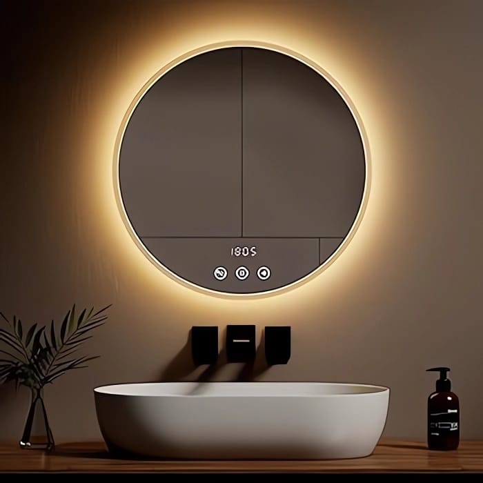 Circular smart mirror with integrated video screen and LED backlight for modern bathroom ideas for small spaces.