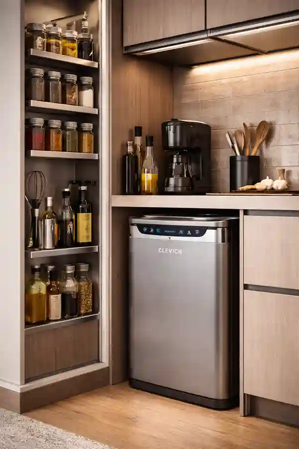 Intelligent space optimization in a minimalist kitchen 2026, featuring nested vertical spice racks and a CLEVICH smart recycling bin.