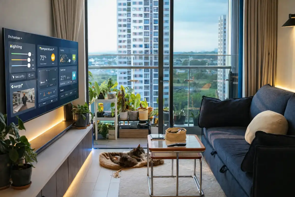 Modern smart home interior of a studio apartment with a digital dashboard on TV, cozy living space with a cat and city view, HaliSky smart living solutions.