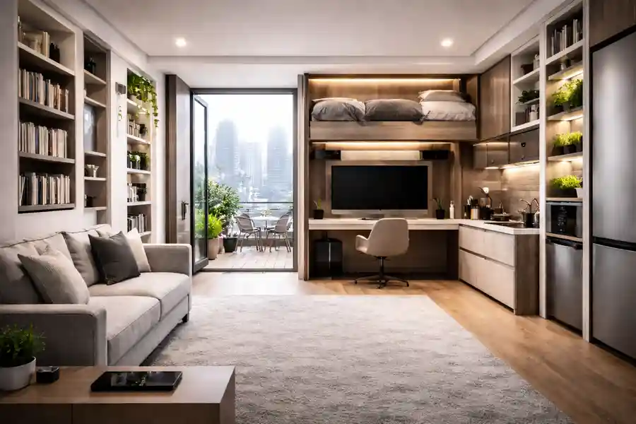 Alt Text: Smart space optimization in a modern minimalist studio apartment 2026, featuring vertical storage, loft bed, and natural light.
