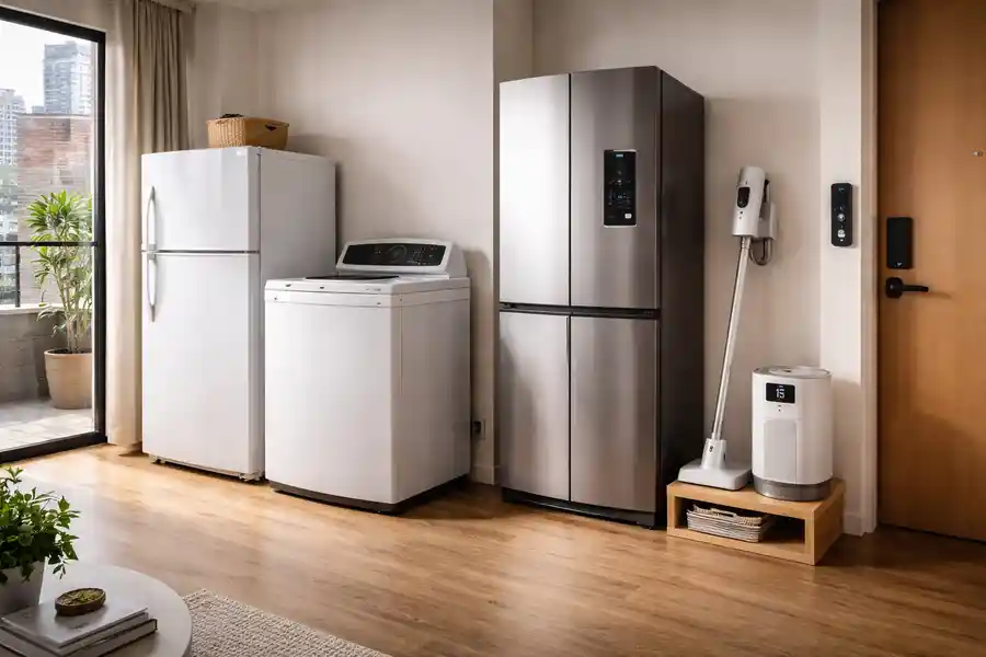A photorealistic comparison of the best smart home devices for small spaces, like compact cordless vacuums and air purifiers, versus traditional bulky home appliances in a NYC studio apartment.