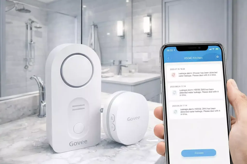 Govee smart water leak detector with gateway on a modern marble bathroom counter showing mobile app alerts.