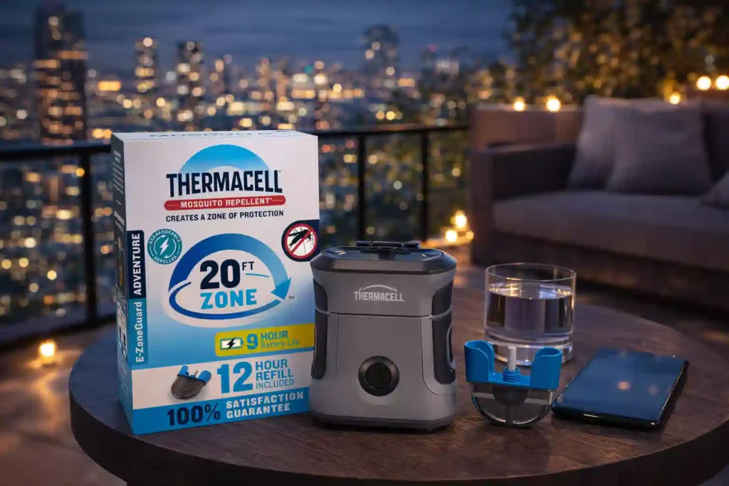 A Thermacell E-series rechargeable repellent system on a wooden patio table at night, providing a 20-foot zone for indoor-outdoor smart mosquito defense.