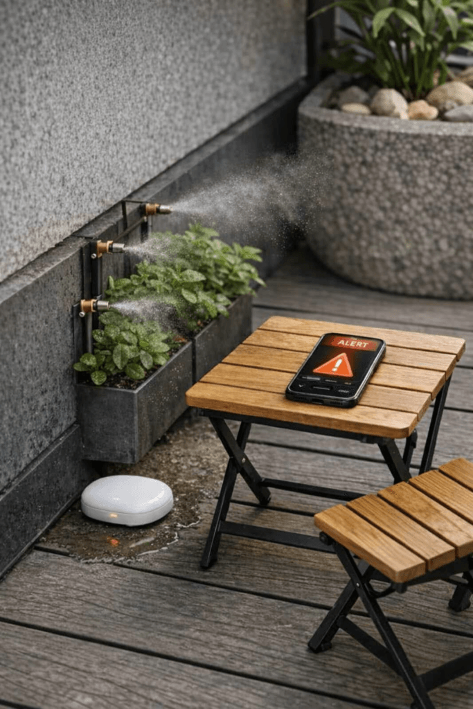 A close-up of a discreet smart water leak detector on composite decking, near a drainage point, with a smartphone showing an alert, illustrating smart balcony ideas 2026 for effective apartment management.