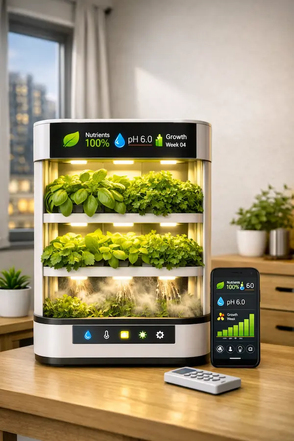 A high-tech smart indoor garden unit featuring an integrated LED dashboard showing pH and nutrient levels, synced with a mobile app displaying real-time growth analytics on a smartphone.