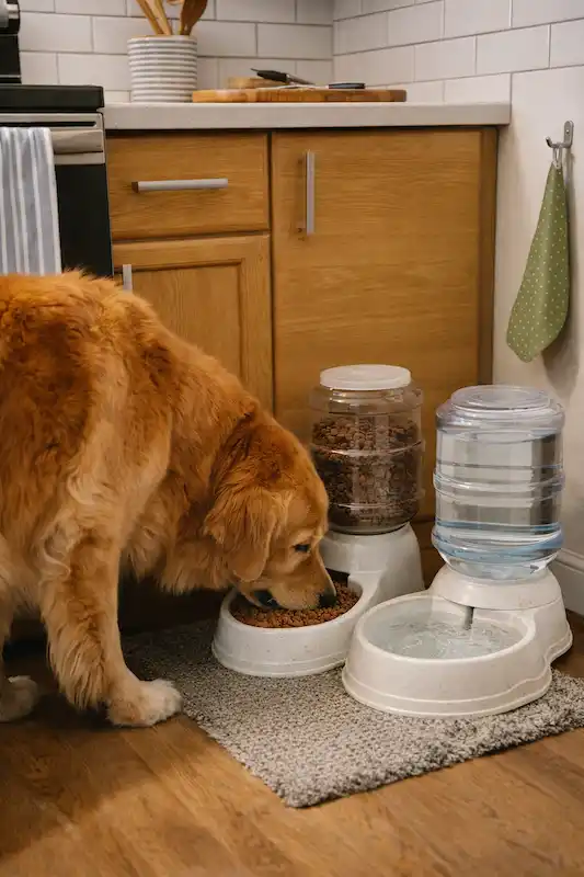 Amazon Basics automatic pet waterer and food feeder set occupying floor space in a kitchen, contrasting with smart home dog feeding solutions.