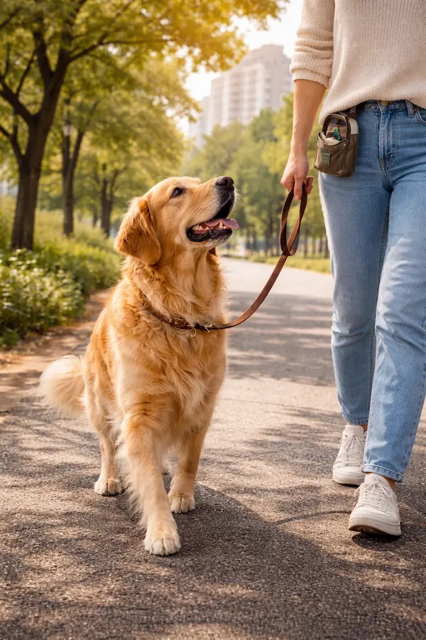Outdoor extension strategy for Apartment Dog Living showing a dog walking in an urban park.