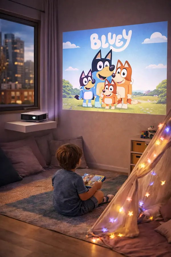 A child watching Bluey on a wall projected by a BenQ smart projector in a small apartment, surrounded by star fairy lights, demonstrating effective use of space-saving smart devices.
