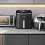 Three smart air fryers for small kitchens showing space-saving designs as alternatives to Costco appliances.