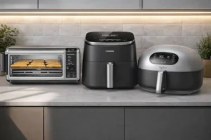 Three smart air fryers for small kitchens showing space-saving designs as alternatives to Costco appliances.