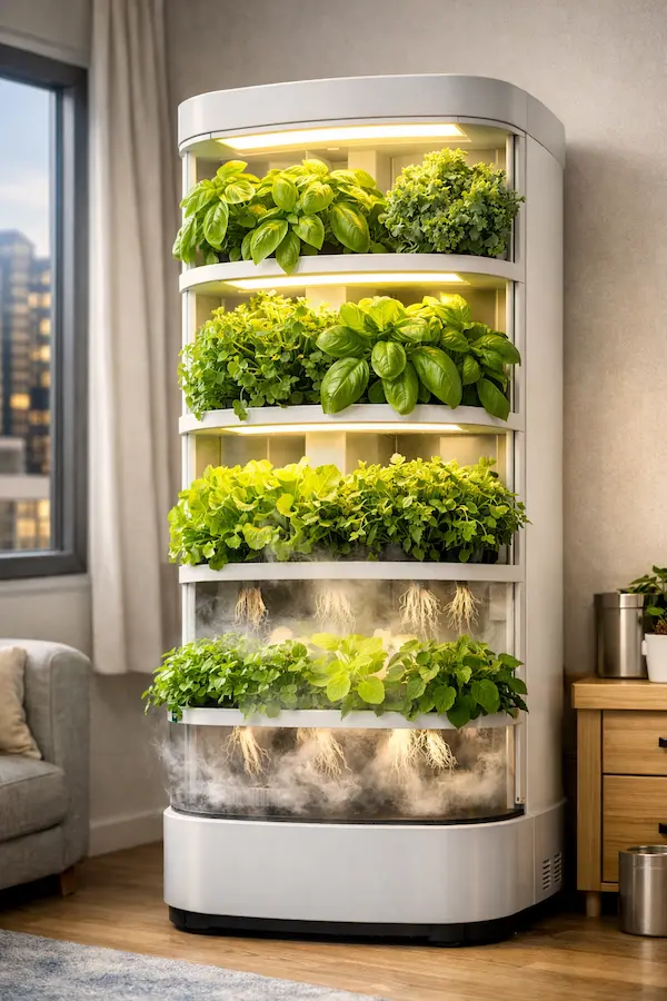 A sleek, high-tech smart indoor garden unit featuring visible Fogponics technology with nutrient mist gently swirling around exposed roots, and lush cascading greens under smart LED lighting in a modern apartment setting.