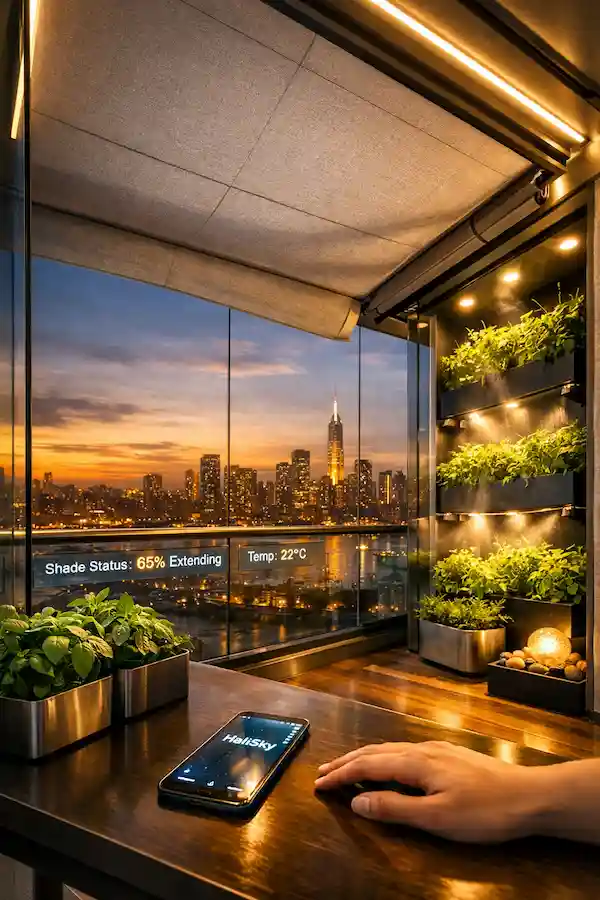 A high-tech interior view of a glass balcony featuring smart balcony ideas 2026 with an automated retractable sunshade and smartphone control.