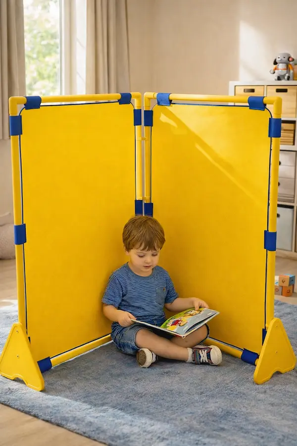 A young boy sitting and reading behind a yellow Jadite folding room divider, showcasing how space-saving smart devices and tools can create private play areas in small apartments.