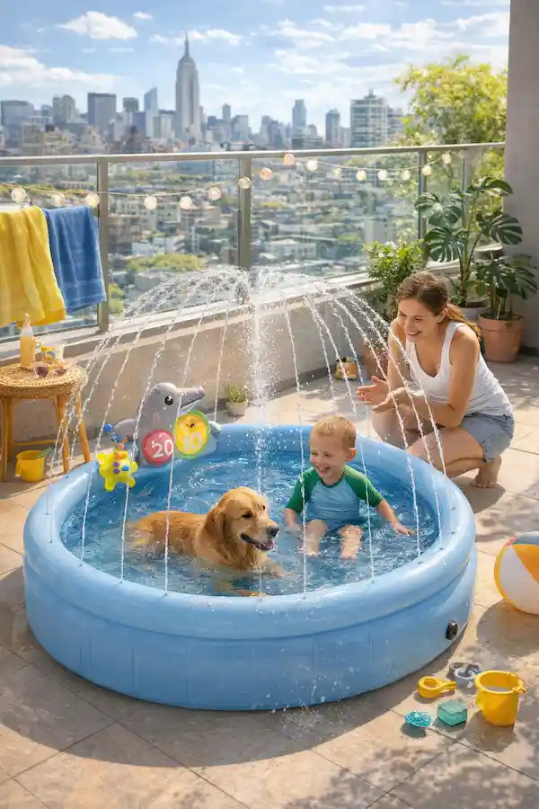 Parent guidance for swimming pools in the summer of 2026 featuring a child and a dog playing safely on a NYC balcony.