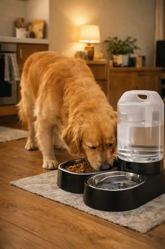 A Golden Retriever eating next to a black lesotc automatic dog water bowl dispenser in a modern apartment setting.