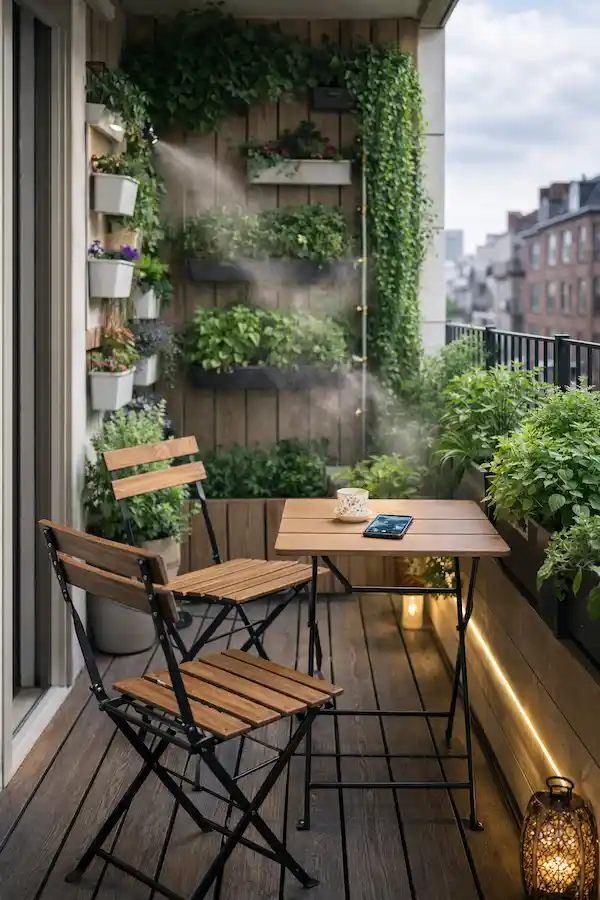 A stylish, narrow balcony featuring warm composite decking, folding furniture, and discreet integrated LED lighting, illustrating smart balcony ideas 2026 for small urban spaces.