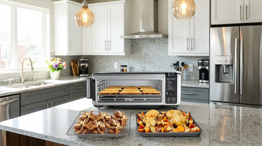 Ninja SP101 smart air fryer for small kitchens showing the space-saving flip-up design.