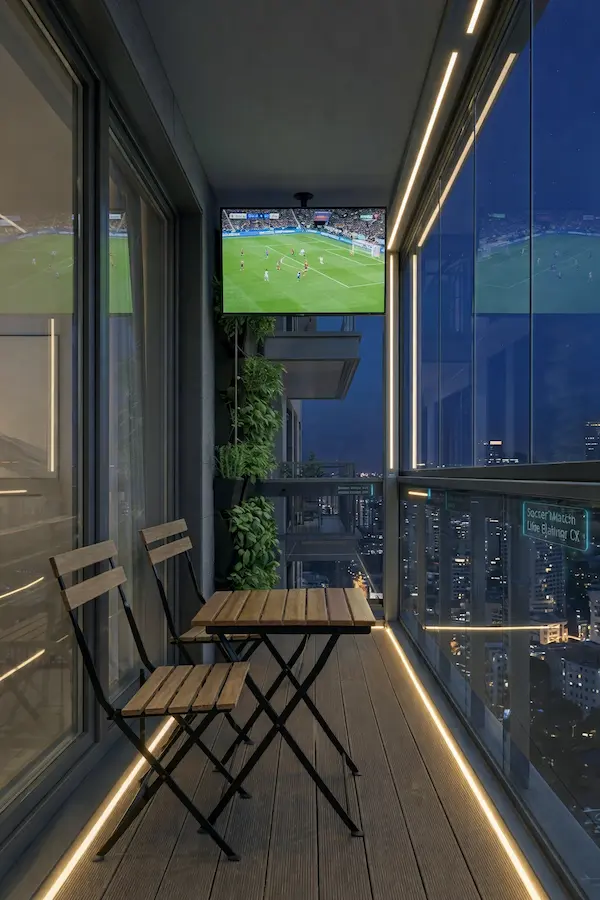 A narrow, space-saving smart balcony at night featuring a wall-mounted TV showing a football match, integrated mood lighting, and minimalist folding furniture, illustrating smart balcony ideas 2026.