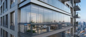 A futuristic glass-enclosed balcony showcasing smart balcony ideas 2026 with integrated sensors and city view.