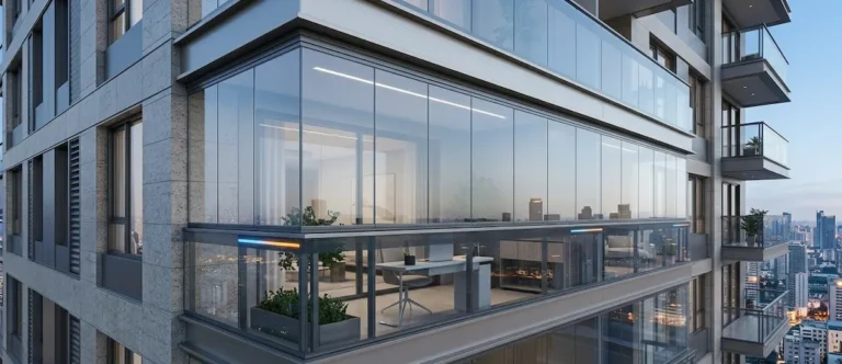A futuristic glass-enclosed balcony showcasing smart balcony ideas 2026 with integrated sensors and city view.